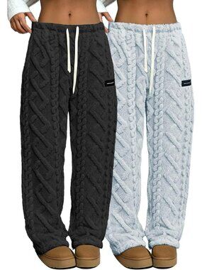 Cozy Grey & Black Sherpa Fleece Lounge Pants with Drawstring Waist, X-Small